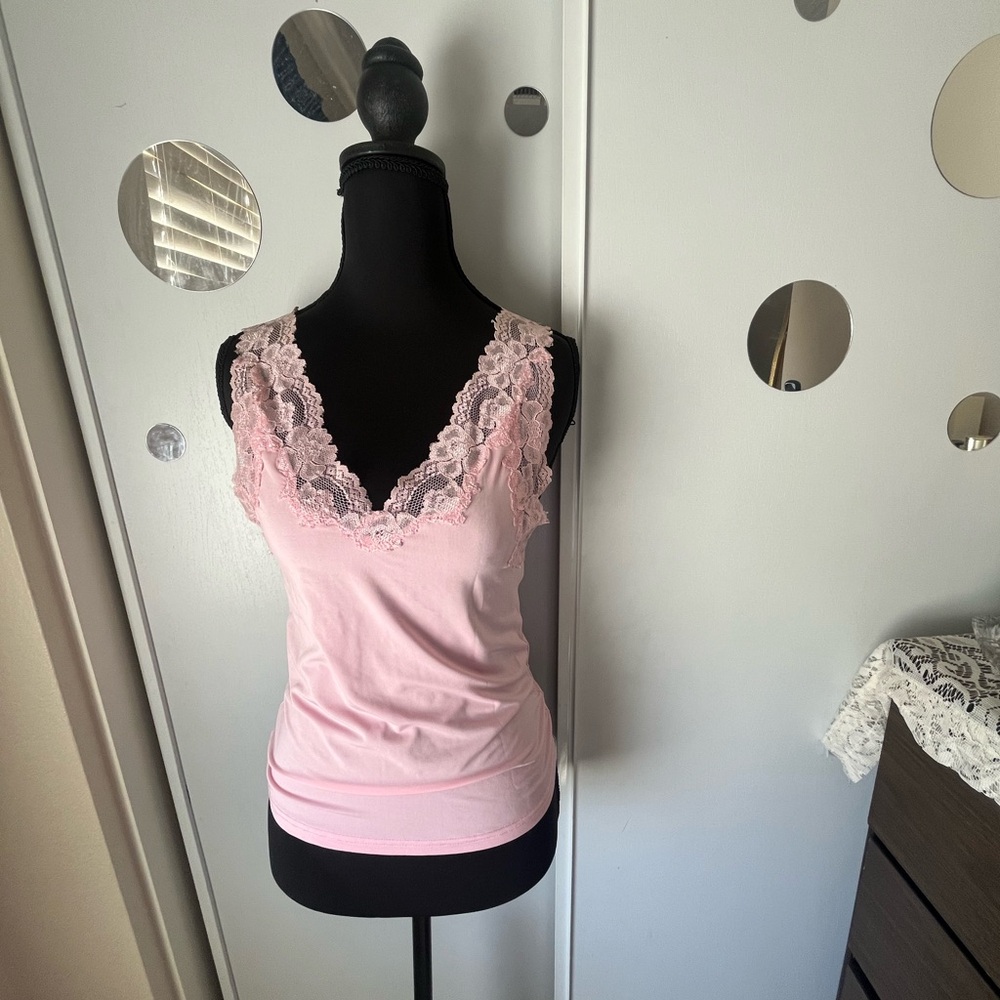 Frederick's of Hollywood Pink Lace Trim Tank Top